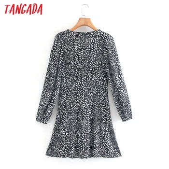 Tangada 2020 fashion kvinder leopard kjole med lange ærmer kontor damer v hals mini kjole 2W148