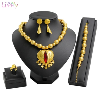 Salg! Luksus Dubai Smykke Sæt Rød Krystal Halskæde Guld Ring, Øreringe og Armbånd til Kvinder, Brude Smykker sæt Tilbehør Gaver