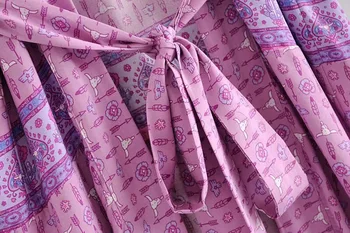 2019 Boheme Fuchsia Animal Flower Print Lang Kimono Trøje Ferie Kvinder Snøre Bue Vinger Lang Cardigan Løs Bluse Toppe