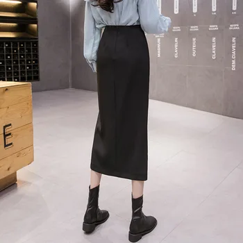 2020 Koreanske Snøre Høj Talje Uregelmæssige Split Nederdel For Kvinder Foråret Efteråret Sort En Linje Lang Nederdel Kvinder Jupe Femme