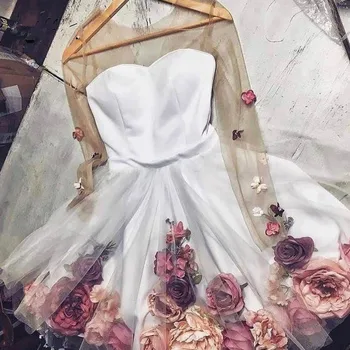 Smuk 3D Blomst Dame Cocktail Kjoler See Thru Fuld Ærmer Blomster Kort Homecoming Kjoler Sød Prom Kjoler 2020