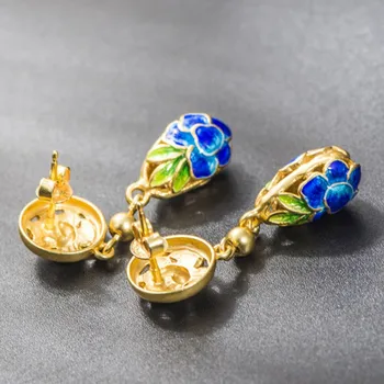 BOCAI Nye s925 rent sølv forgyldte øreringe lotus emalje ristede blå øreringe til kvinder