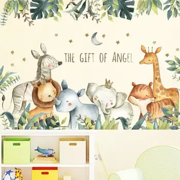 Jungler skov wallstickers med søde dyr, maleri stil til stuen, børneværelset wall decor, baby wall decor, gift mura