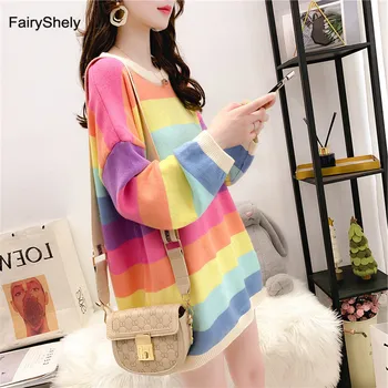 FairyShely Rainbow Sweater kvinder med Lange ærmer streetwear damer outwear jumper pels Casual kvindelige Piger vinteren Pullover sweater