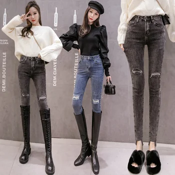 2020 efteråret og vinteren ny høj talje jeans kvinder plus velvet slankende tynde bukser bukser kvinder