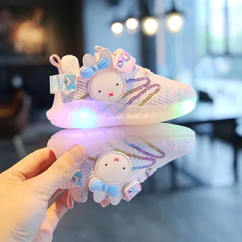 Spring Piger Sport Glødende Sko, Non-slip Cute Bunny Prinsesse Mønster LED-Lys Åndbar Baby Pige Chunky Sko Sneakers