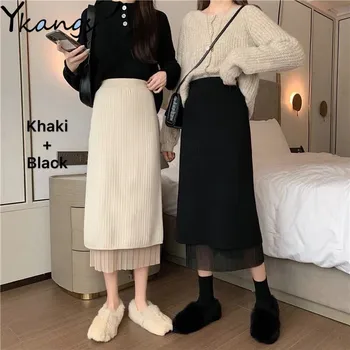 Vintage Strikkede Blonder paneler Elastisk nederdel med Høj Talje Sweater Lang nederdel, Kvinder koreansk stil Foråret Sort Hvid nederdele