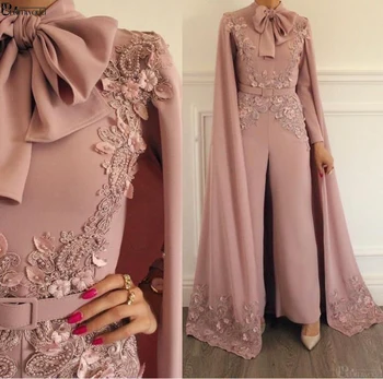 Elegant Muslimske Kjole Til Aften I 2020 Blush Pink Blonde Pynt Beaded Aften Bukser Dubai Arabisk Lange Ærmer Formel Aften Kjole