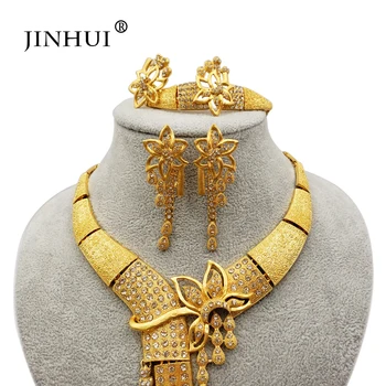 Jin Hui Afrikanske Etiopien Mode nye guld farve smykker kvinder Bryllup gave sæt-Halskæde, Øreringe, Ring og armbånd sæt Dubai gaver