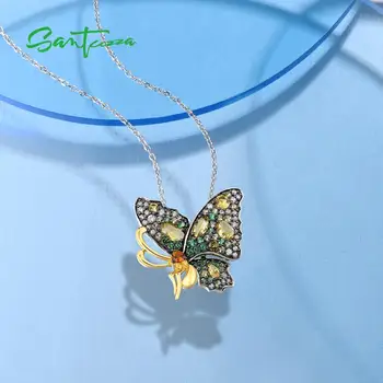 SANTUZZA Sølv Vedhæng For Kvinder 925 Sterling Sølv Sart Grøn Butterfly Skinnende Grøn Spinel Gul CZ Trendy Fine Smykker