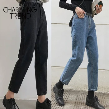 Kvinders Jeans Bukser Sort koreanske Afgrøde Jeans Piger Studerende Vintage Solid Lange Bukser Passer Kvindelige Høj Talje Denim Bukser til Kvinder