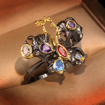 CIZEVA Bohemia Smykker Overdrevet Butterfly Sort Guld Ring Retro Zircon 925 Sterling Sølv Ring Kvindelige bryllupsfest Ringe