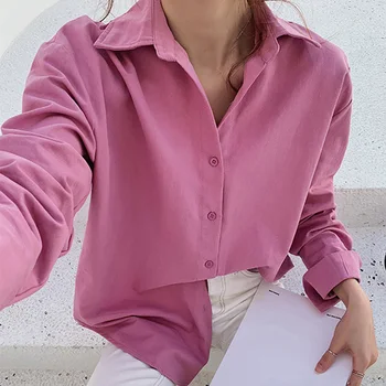 Koreanske Kvinder Casual Plus Størrelse 4XL Shirts Single-Breasted Turn-Down Krave Kvindelige Shirt Foråret Solid Løs Kontor Dame Toppe
