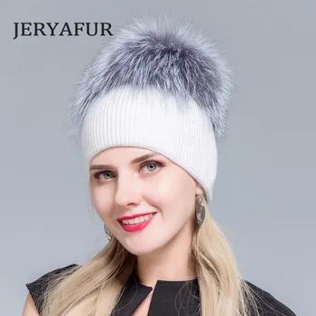 JERYAFUR russiske uld efterår og vinter bred bønne cap mænds og kvinders uld strikket hue fritid hat og fox fur opbevaring af hætte