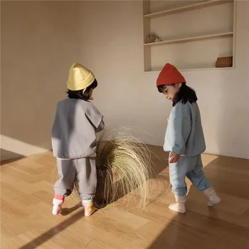 2020 Efteråret koreanske Drenge og Piger rund Hals Ren Farve Bomuld Cotton Hættetrøje Dragt med Lange Ærmer til Børn, Sports Trop
