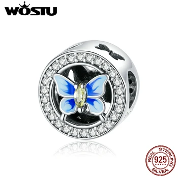 WOSTU 925 Sterling Sølv Hjerte Blændende Blå Butterfly Charme Passer Oprindelige Armbånd DIY Halskæde Vedhæng Gave Smykker CQC1682