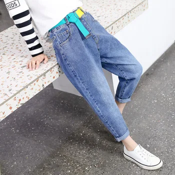 Pige Denim Bukser til Børn Bælte Jeans 4-14 År Gammel koreansk Mode Høj Talje Vintage Pige Harem Denim Bukser Til Teenage -