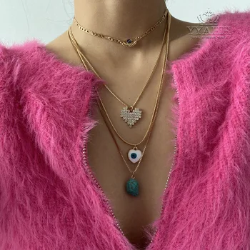 2020 Nye Mode, Vintage PineStone Geometriske Zircon Hjerte-formet Øje Præget Multi-halskæde