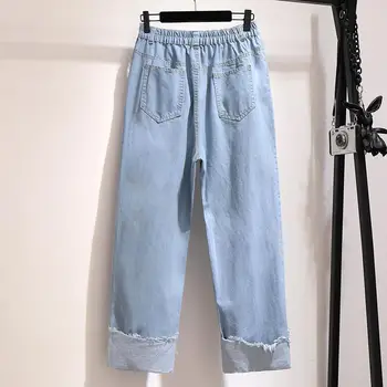 2XL-6XL Store størrelse Kvinder Hul Jeans Efteråret Afslappet Plus størrelse 5XL Bogstav-Print-Jeans Elastisk Talje Denim Bukser Løs Brede Ben Jeans