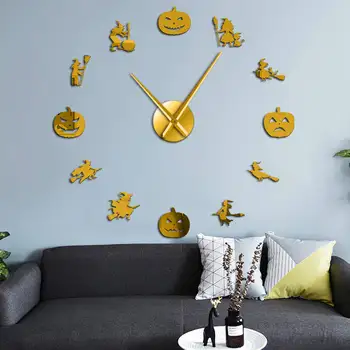 Heks med Kosteskaft Silhuet Giant DIY vægur Halloween Væg Kunst, Indretning Gave Eventyr Og Græskar Spejl Effekt Ur