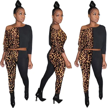 Sexet Leopard Patchwork To Delt Sæt Afslappet Off Skulder Hoodie Top Med Legging Bukser Kvinder Sætter Elegante Aften Klub Træningsdragt