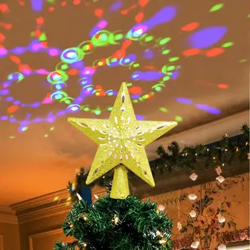 OurWarm 3D-Glitter-Stjernede LED juletræ Topper med Indbygget Roterende Hvide Snefnug Projektor Laser juletræ Ornament