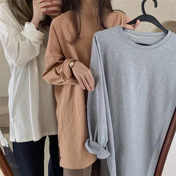 Ny 2020-Efterår og Vinter Kvinder Bunden Oversize Solid Multi Farver Casual Fashionable T-shirt Minimalistisk langærmet Toppe