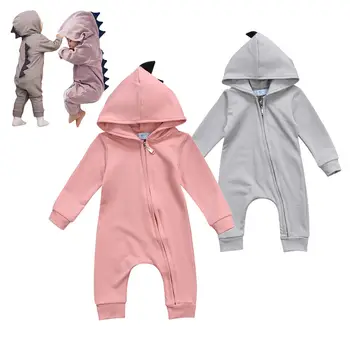 Baby Dreng-Pige 3D Dinosaurus-Kostume Solid Pink Grå Rompers Varmt Forår Efterår Bomuld Romper Playsuit Tøj
