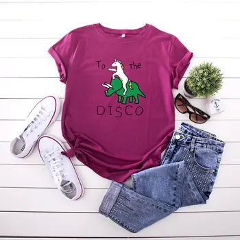 Bomuld Sommeren Sjove Kvinder ' s T-shirt med O-Hals Harajuku Unicorn Disco Næsehorn Top Casual Kvindelige T-shirt i Overstørrelse Størrelse S-5XL