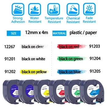 Topcolor Sort på Rød 91203 Label Maker Kompatibel for DYMO LT-100H LT-100T LetraTag 12mm Mærkning Bånd Plastic Printer Bånd