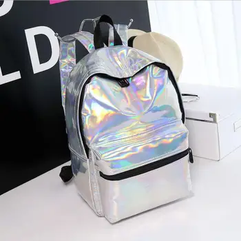 Kvinder rygsæk hologram laser rygsække pige skoletaske kvindelige enkle sølv tasker læder holografiske sac a main