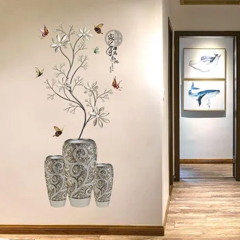 58*118cm Silver Flower Vase Wall Stickers Art Sommerfugl Træ Hjem Indretning Vinyl DIY vægoverføringsbilleder potteplante Værelser Dekoration