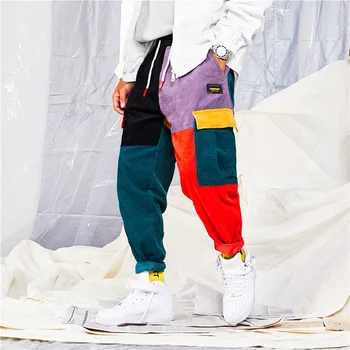 Mode Bukser Farve Blok Patchwork Cargo Fløjlsbukser Harem Bukser Streetwear Bomuld Bukser Harajuku Jogger Sweatpant