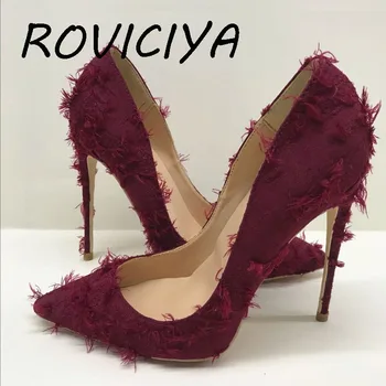 12cm høj hæl damer pumper lavvandede sko foråret nye mode kvinder høje hæle sko rød sort grøn BM012 ROVICIYA