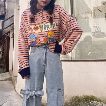 Hættetrøjer Til Kvinder Med Lange Ærmer Turn Down Krave Koreansk Stil Stribet Trykt Kawaii Studerende College Streetwear Løs Casual Toppe