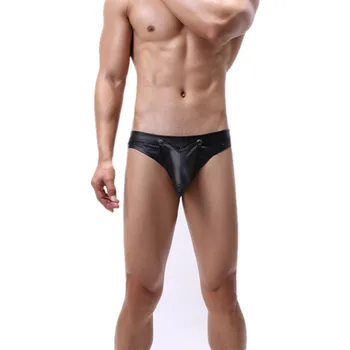 Sexet Gay Undertøj til Mænd Blå Sort Imiteret Læder T-trusser Mand Undertøj Bikini Lav Stigning Aftagelig Pose Erotisk Penis cueca S-XL
