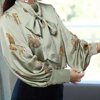 Smarte Toppe Kvinder, Høj Krave Elegant Kontor Skjorte, Butterfly, Lanterne Ærme Casual Bluser Vintage Tiger Print Blusas Plus Størrelse