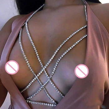 Ellolace Skinnende Rhinestones Bryst Cross Krop Boho Kæde Multi-Lag Bryst Kæde Smykker, Krystal Brystsele Krop Smykker