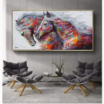 Abstrakte Farverige To galoperende Heste Lærred Maleri Plakater og Prints Væg Kunst, Animal Pictures Cuadros for Living Room Decor