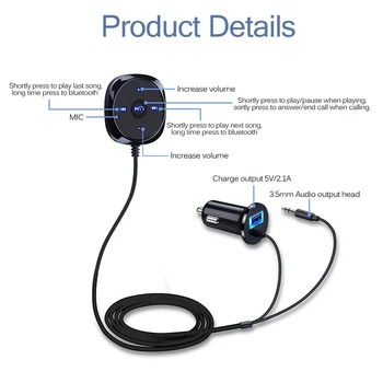Håndfri 3,5 mm AUX Bluetooth-Modtager bilsættet Stereo Audio Musik Med Bil Oplader USB-Opladning For Siri Fjernbetjening