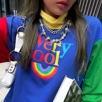 Regnbuens Farver Brev Trykt Efteråret Kvinder Løs Sweatshirts Harajuku Meget Cool Streetwear Hættetrøjer Pullovere Overdele