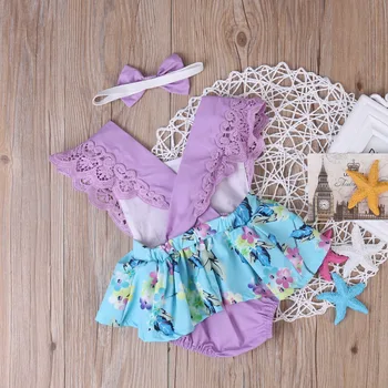 Nyfødte Baby Piger Tøj Sparkedragt, Blomstret Kjole Buksedragt+Pandebånd Outfit