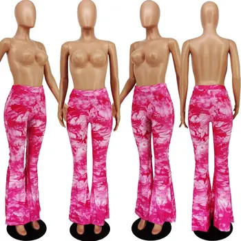 ZKYZWX Plus Size Tie Dye Høj Talje Flare Pants Kvinder Elastisk Bunde Leggings Bodycon Varme Strække Bell Bottom Sved Bukser