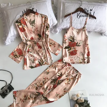 Sommeren Silke 3 stykker Robe Sæt Kvinder Satin Flower Print Kimono Undertøj Plus Size Sexet Nightgowns Sleepshirts Sove Dressing Sæt