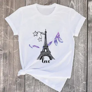 Paris Kærlighed Trykt Tshirt Harajuku Hvid T-Shirt Kawaii Grafisk Koreansk Stil Ulzzang Vogue Kortærmet Sommer 2020
