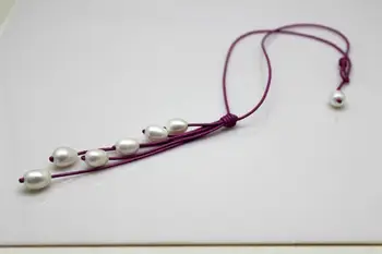 Handmade 6 Beads White Freshwater Pearls and Purple Leather Necklaces 9x12mm 18INCH