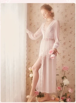 Gratis Forsendelse 2019 Nye Sommer Kjole Prinsesse Natkjole Kvinders Lange Tynde Kjortel Hvid og Pink Blonder Pyjamas