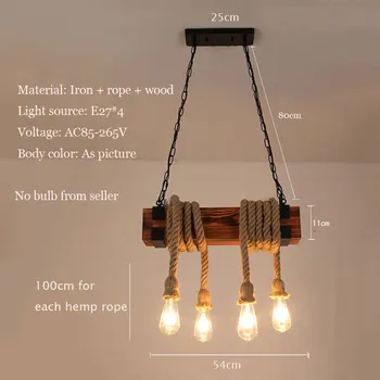 Justerbar retro-industrielt træ lysekrone spisestue belysning armatur bar, en café, en bar hamp reb pendel E27 hængende lampe