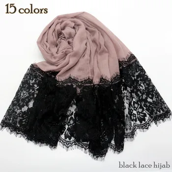 1 PC ' black lace hijab to side blonder Bomuld Store Plain Maxi Hijab Sjal lace fashion tørklæder bryllup bære muslimsk tørklæde 15 farve