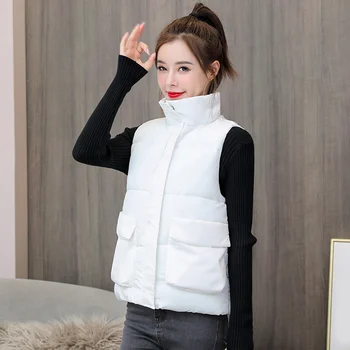 Efterår og Vinter Ned Bomuld Varme Veste Kvinder koreanske Solid Lommer Jakke Vest Kvindelige 2020 Mode Dame Veste Stor Størrelse 5XL